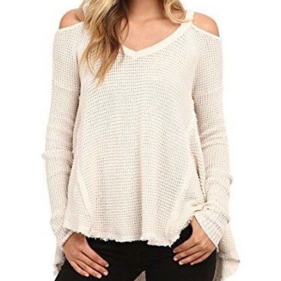 Free People Cream Waffle Knit Moonshine Cold Shoulder V-Neck Sweater Boho Sz S/P - Picture 1 of 12